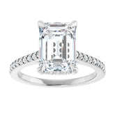 14K White Gold Emerald-Cut Solitaire Diamond Pavé Engagement Ring with Hidden Halo